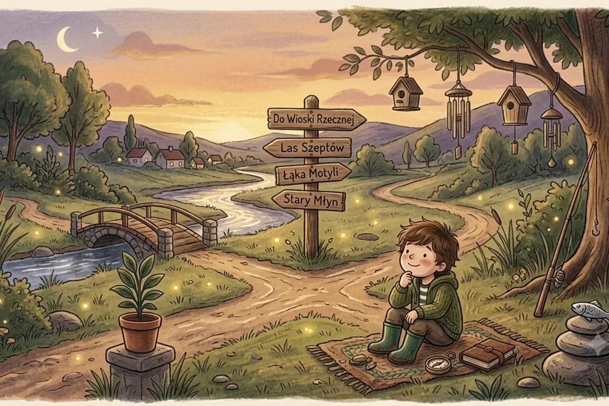 Ilustracja: chłopiec siedzi na rozdrożu o zmierzchu przy drewnianym drogowskazie z czterema kierunkami — kompas, notatnik i cztery ścieżki w dolinie.