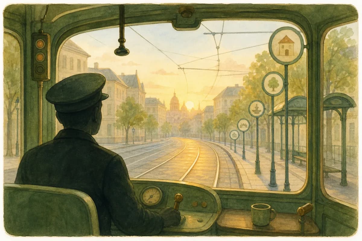 Ilustracja: motorniczy tramwaju o świcie na znajomej trasie — szyny, rozkład jazdy i wewnętrzna równowaga w powtarzalnym rytmie.