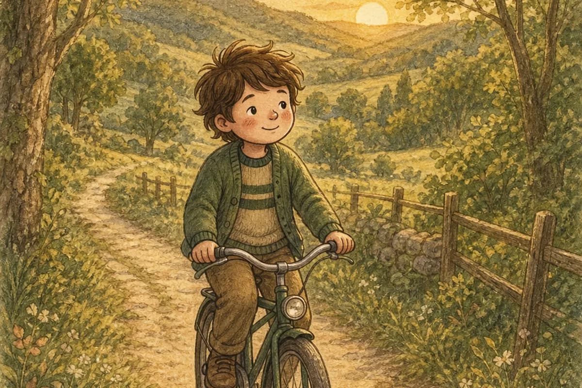 Ilustracja: chłopiec w zielonej kardiganie jedzie powoli rowerem leśną drogą — rozprawa o cichej wiedzy, która nie prosi o werbalny raport.