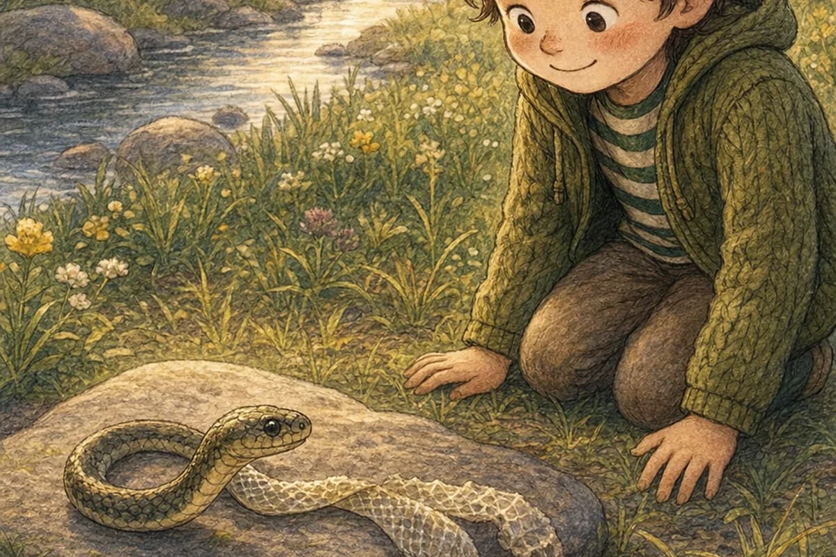 Ilustracja: chłopiec w zielonej kardiganie klęka na łące obok węża na ciepłym kamieniu — stara skóra obok, próg zrzucenia i odnowy.
