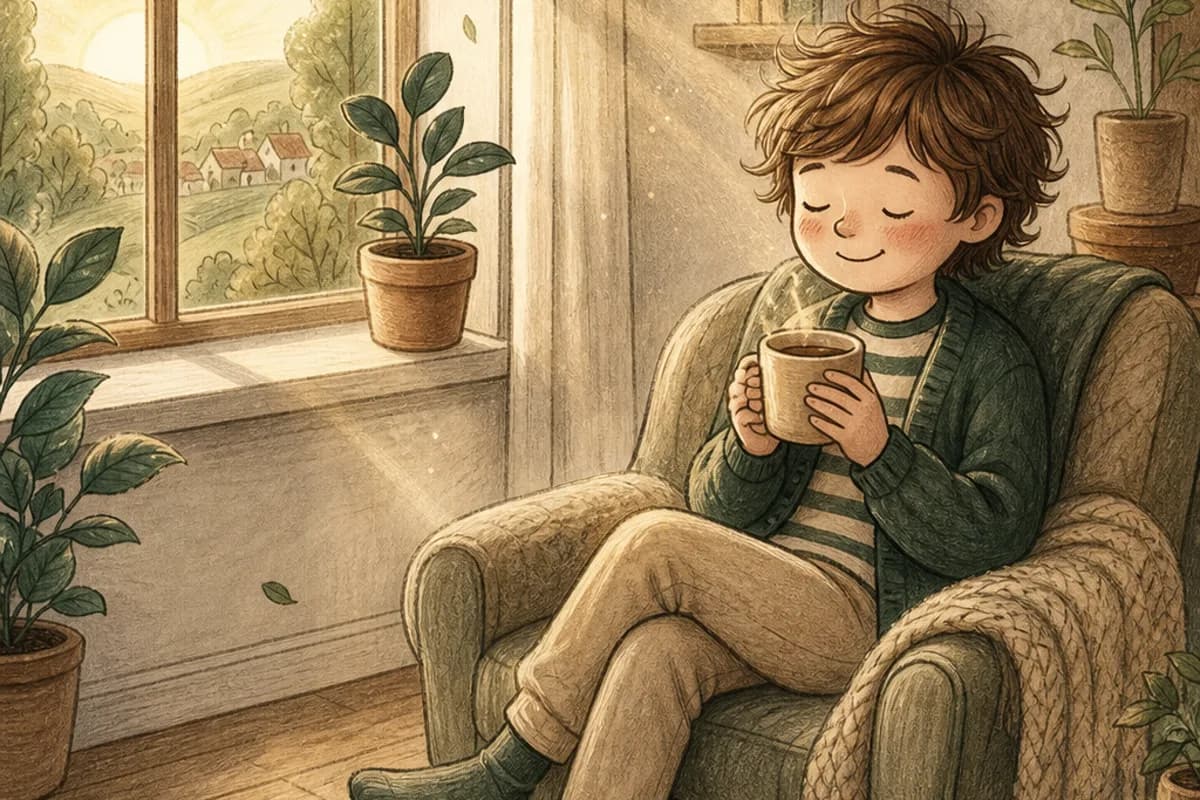 Ilustracja: chłopiec w zielonej kardiganie siedzi w znajomym fotelu w kącie pokoju — ten sam kąt, to samo światło, a jednak coś w powietrzu się porusza.